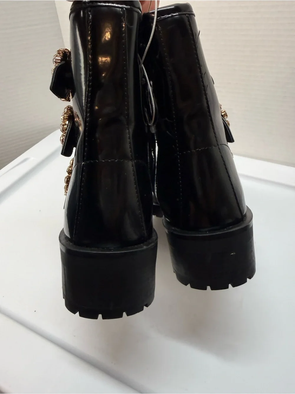 Nanette Lepore Iggy Black Patent Leather Buckle-Embellished Ankle Boots NEW 7